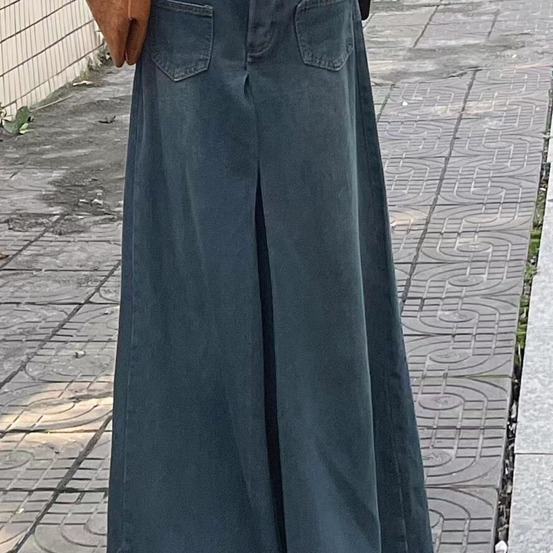 美式高腰复古蓝色牛仔裤裙设计感气质高级宽松遮胯显瘦阔腿长裤子