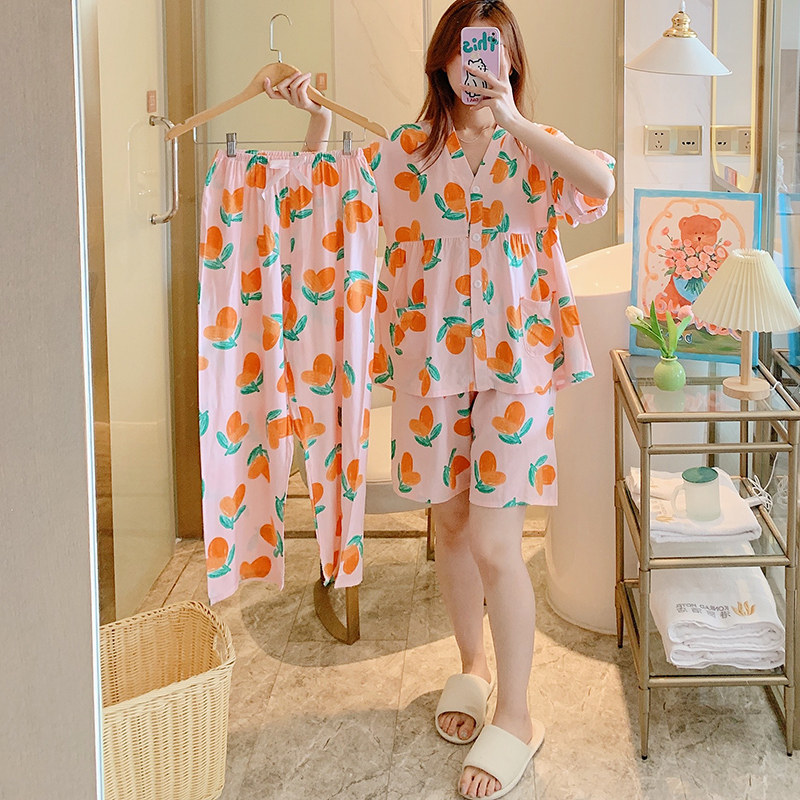 睡衣女士夏季三件套装大码宽松春睡衣/家居服套装