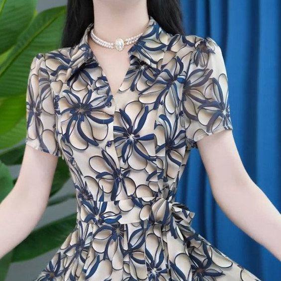 时尚短袖连衣裙女2024年夏季新款气质收腰显瘦中长款休闲印花裙子