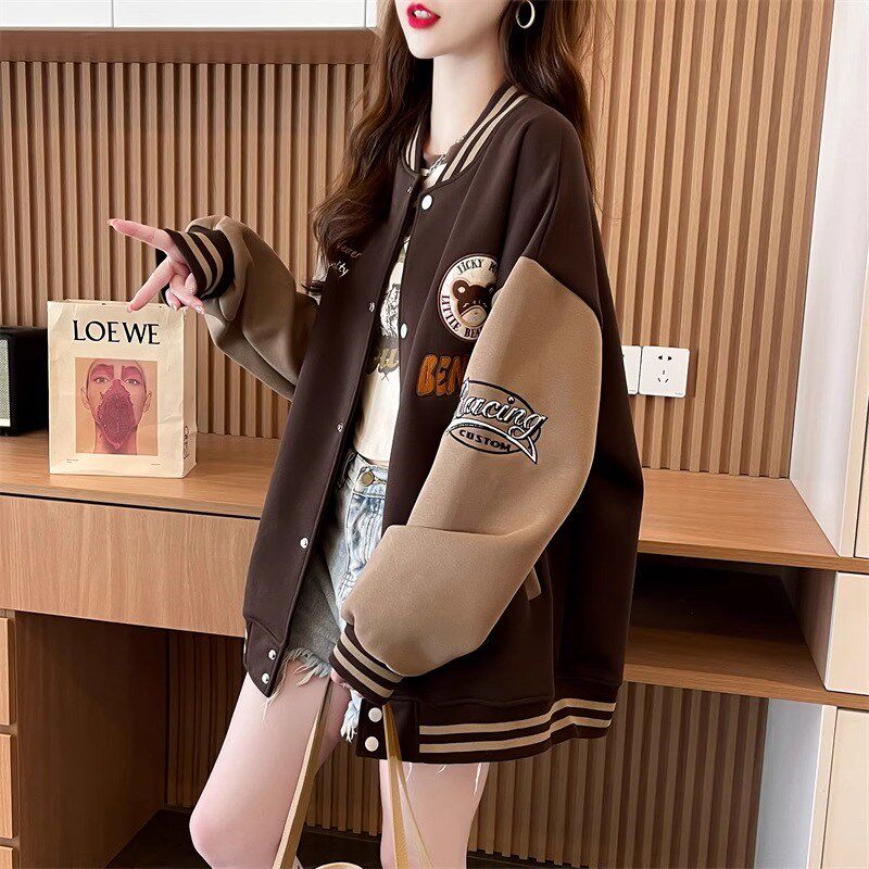 加绒加厚棒球服女秋冬休闲百搭中长款遮屁股学生撞色卫衣外套上衣