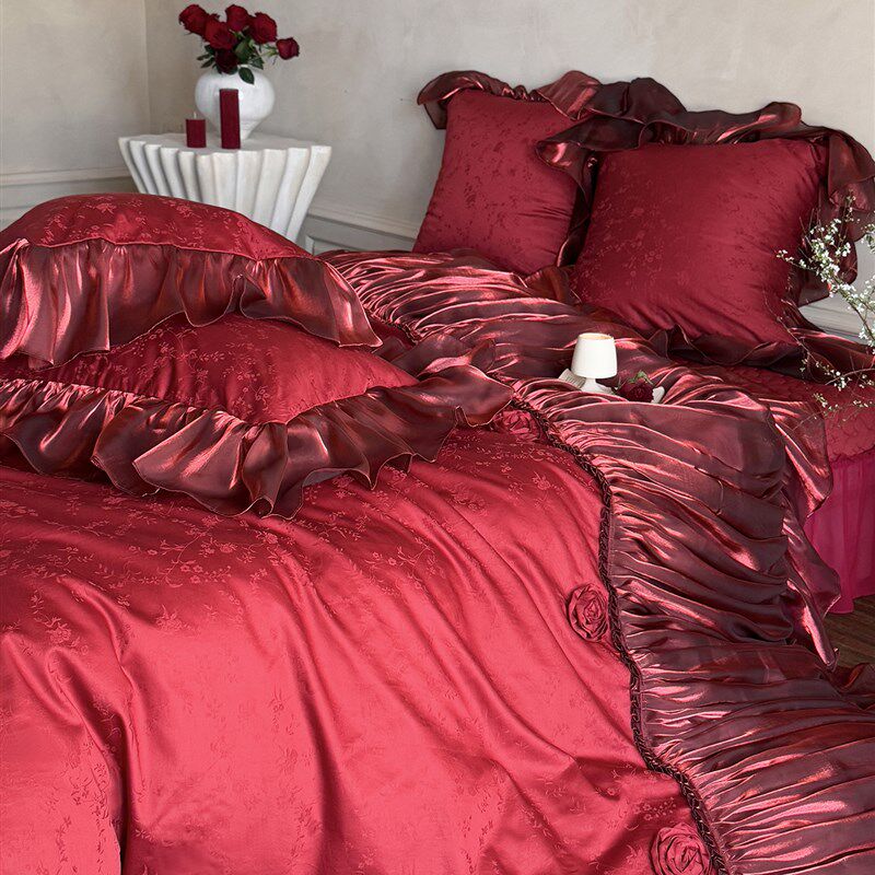 浪漫玫瑰棉长g绒棉婚礼四件套红色婚礼被套提花婚礼床上用品