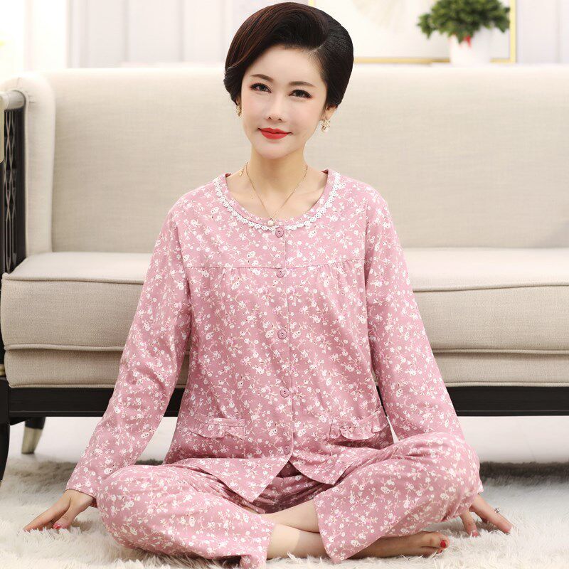 中老年妈妈睡衣女大码春秋季纯棉家居服长袖开衫中年春夏全棉套装