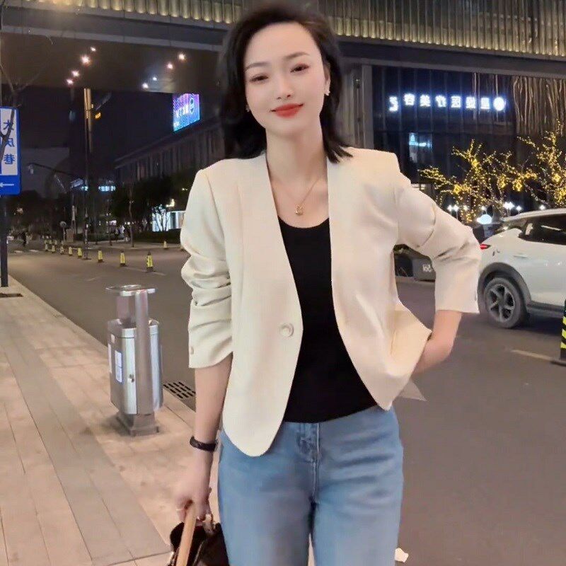 短款无领一粒扣西装女外套高级感2025款春秋休闲V领宽松气质上衣