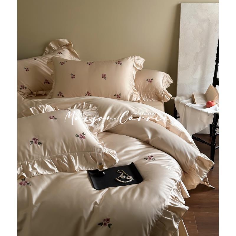 安贡加丽法式棉10全缎0S长绒棉床上J13四件套复古刺绣花边被套床