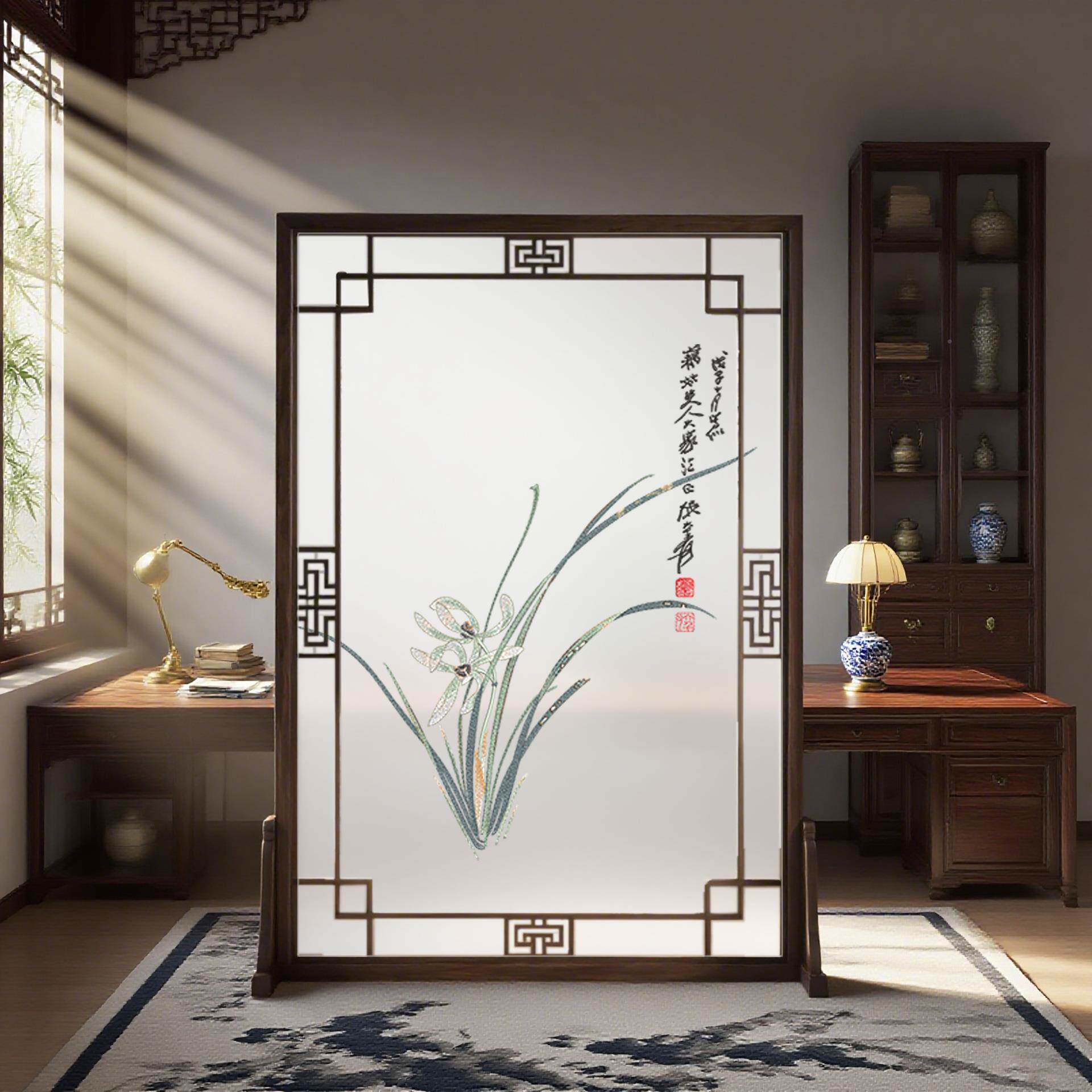 透明纱布画实木花半格FJY入户玄关隔断茶展厅书房花双面刺绣兰屏