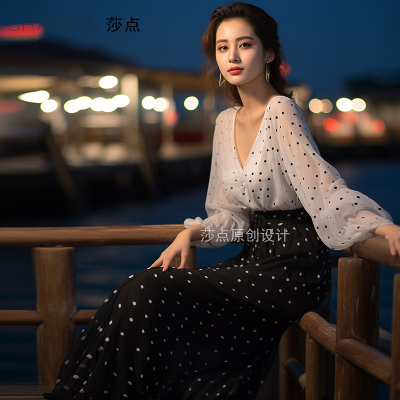夏季新款套装裙洋气减龄气质两件套波点雪纺长款裙子通勤上班夏装