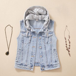 2024新款戴帽叠穿牛仔马甲女时尚小个子新款外穿无袖美式休闲背心