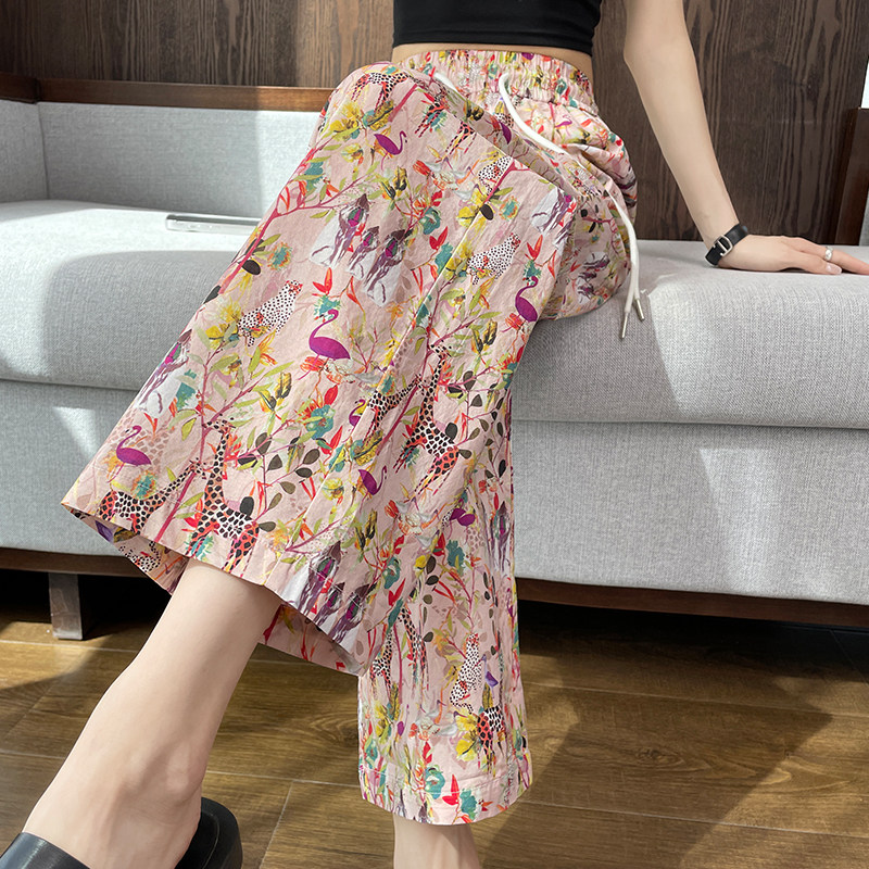 高腰印花阔腿裤女夏季薄款九分沙滩裤宽松显瘦小个子凉凉休闲裤子