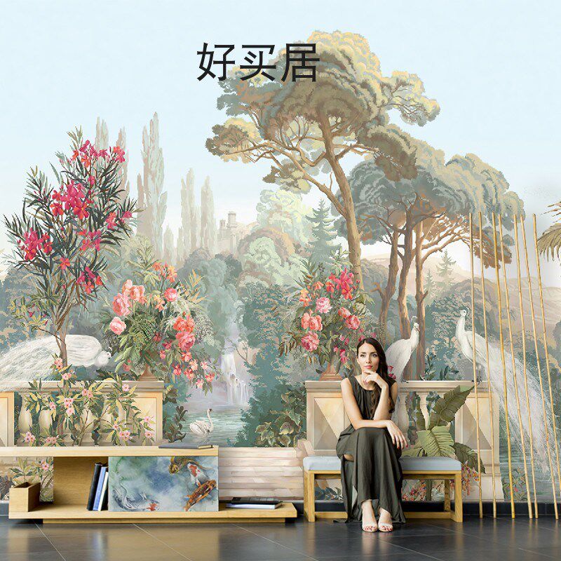 2024新款法式田园风景油画壁纸园林壁画客厅电视背景墙纸卧室墙布