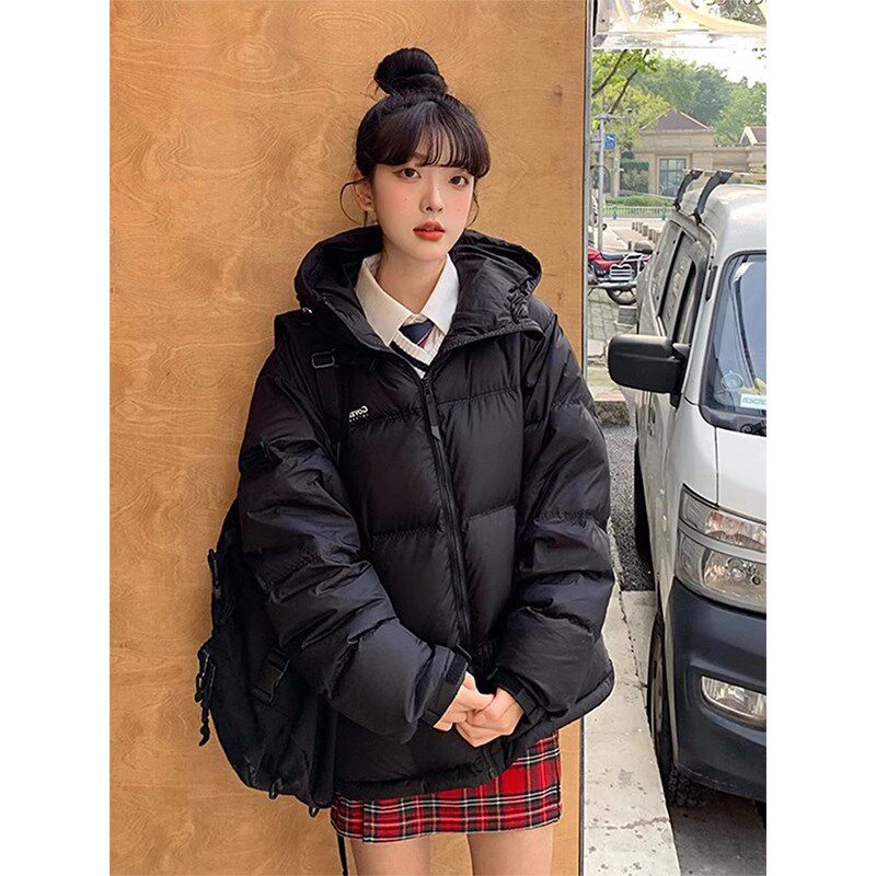 特大码女装黑色连帽棉服女冬季新款胖mm学院风加厚学生保暖外套女