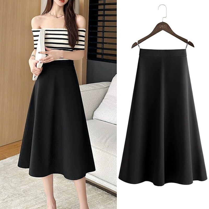西装a字半身裙女2024新款春夏半裙伞裙显瘦垂坠感黑色中长裙子
