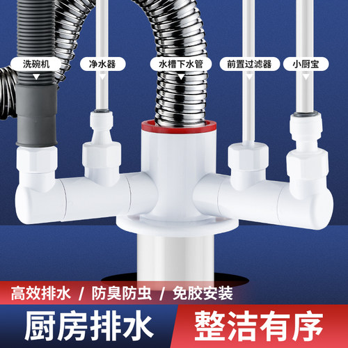 厨房下水管道多功能三通防臭神器洗碗机净水器过滤器排水管接头
