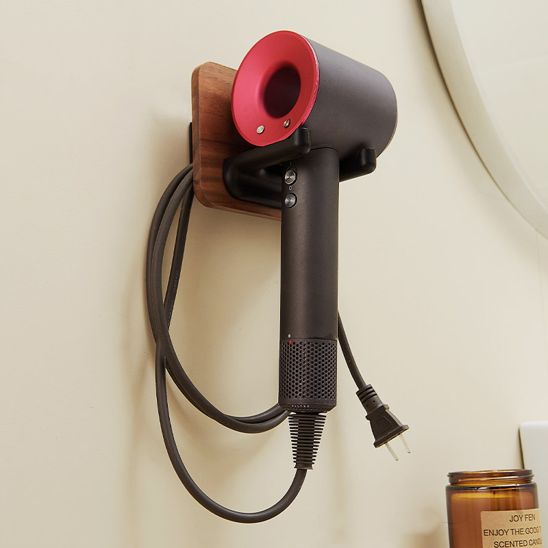 卫生间浴室吹风机置物架免打孔安装北欧原木风实木胡桃木吹风机架