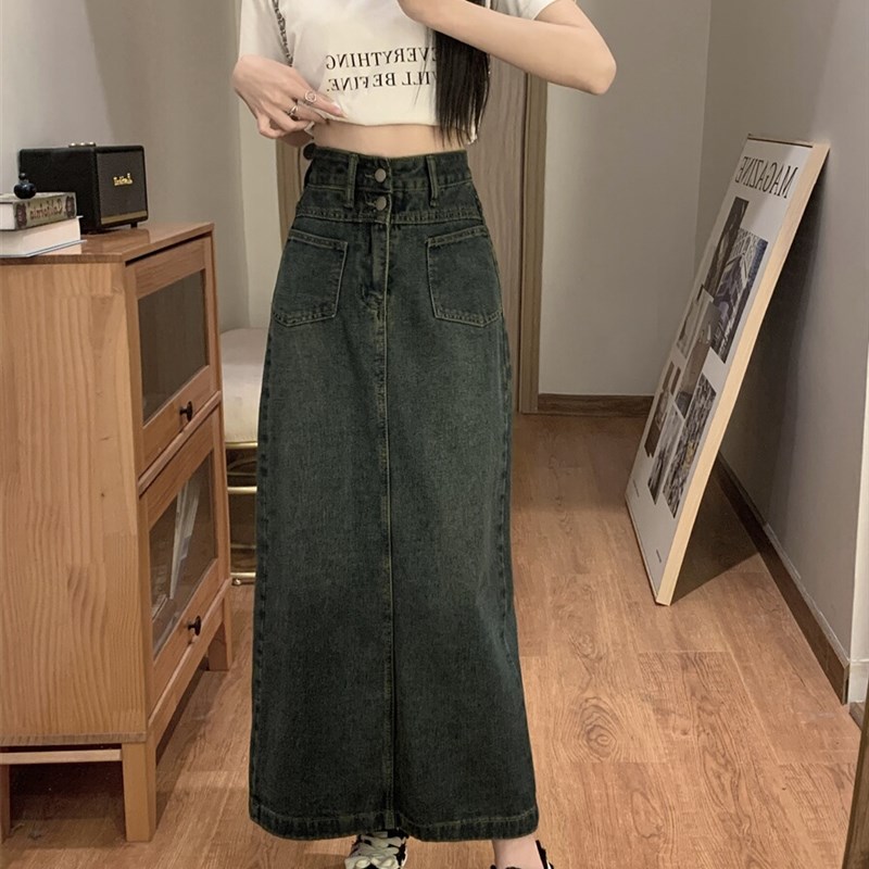 港风复古牛仔半身裙女春季新款大码高腰显瘦设计感开叉包臀中长裙