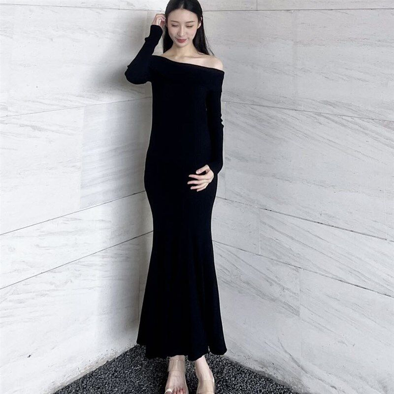 孕妇裙一字领露肩显瘦修身长裙多巴胺高级感过膝针织连衣裙鱼尾裙