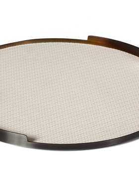 现代圆形编织皮质黑色金属托盘样板房家居客厅餐厅桌X面收纳盘摆