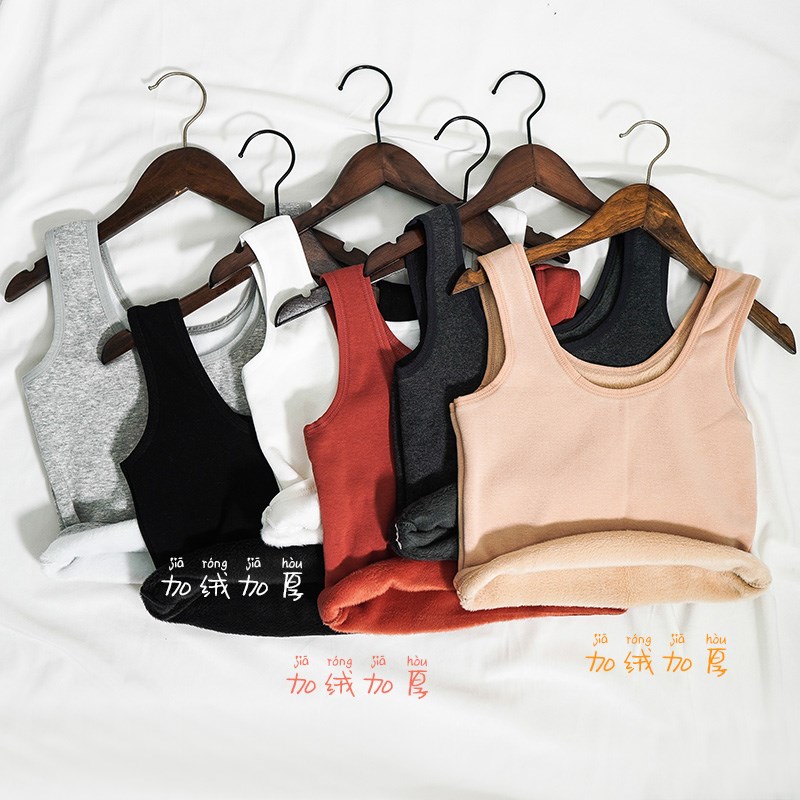 秋冬加绒加厚短款背心女修身保暖发热上衣宽肩背带复古韩版打底衫