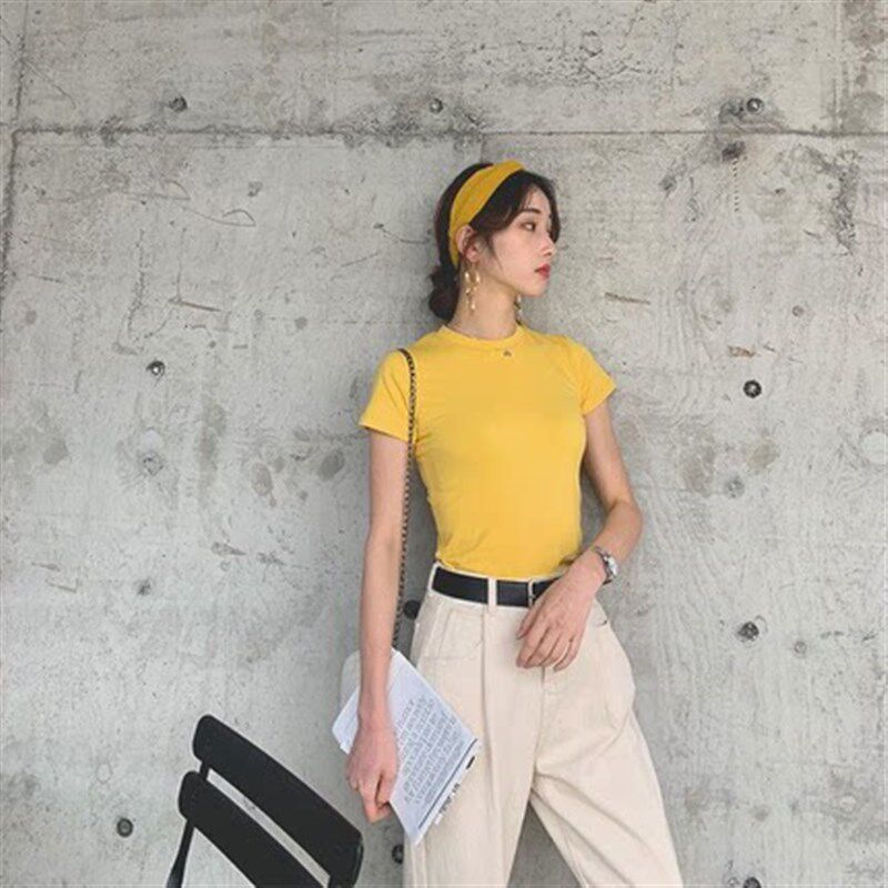 纯棉白色小高领短袖t恤女2023夏秋新款修身显瘦网红体恤打底上衣