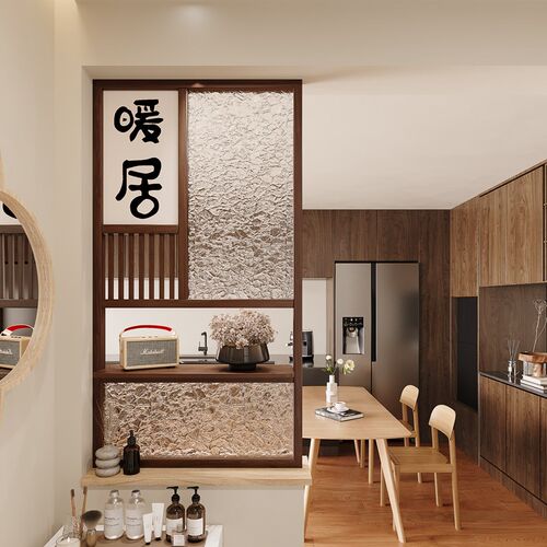 半墙隔断新中式实木屏风新款客厅玄关入户L装饰双面遮挡玻璃带挂