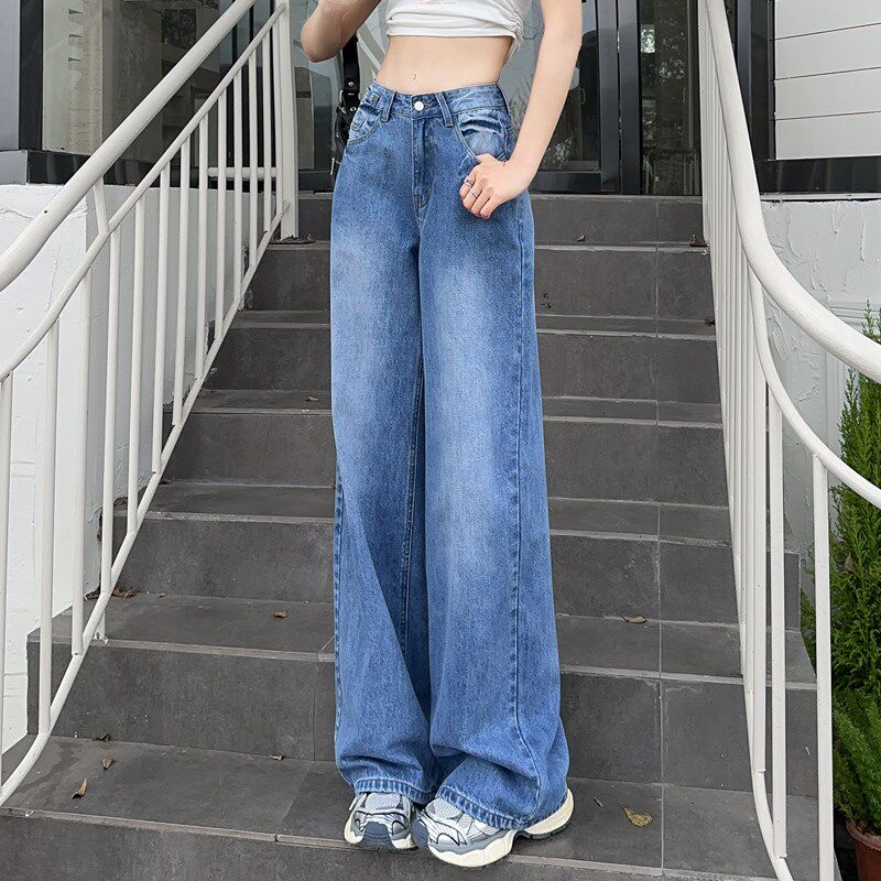 复古蓝色低腰阔腿牛仔裤女2024年夏季新款宽松直筒显瘦垂感拖地裤
