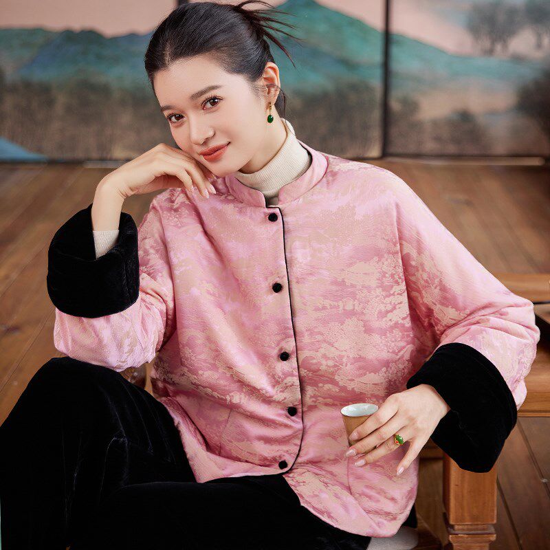 真丝绒外套两面穿夹棉中式复古真丝交织桑波缎唐装冬季外搭女上衣