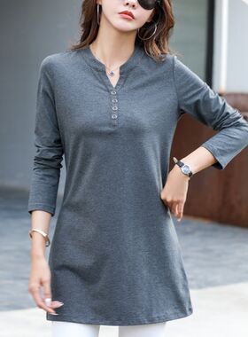 中长款t恤女长袖2024年新款春秋装纯棉v领T血韩版修身外穿打底衫