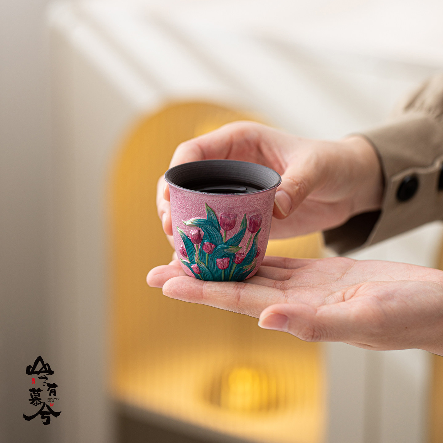 山有慕兮老岩泥手绘郁金香和风主人杯陶瓷茶杯小杯品茶茶具单杯