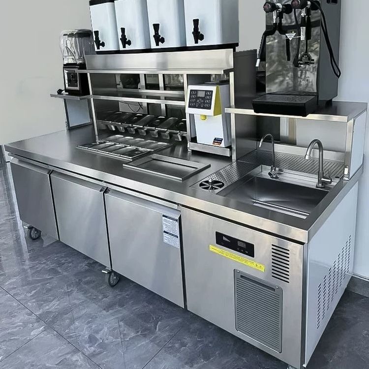 水吧台商用奶茶水吧工作台冷藏开槽小料操作台奶茶店设备全套跨境