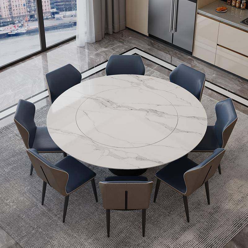合轻奢岩内板餐桌椅组电动1.8圆桌小户型家用2A196米嵌圆米形桌带