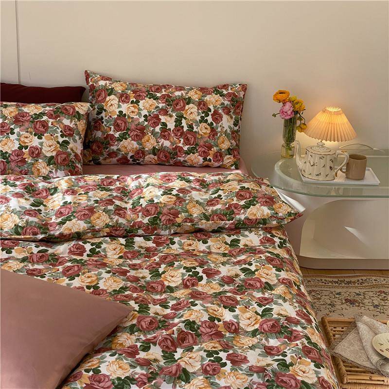 BK9K美式复古花瑰全玫棉四件套田超浪漫园风花卉QBL纯棉被套床笠