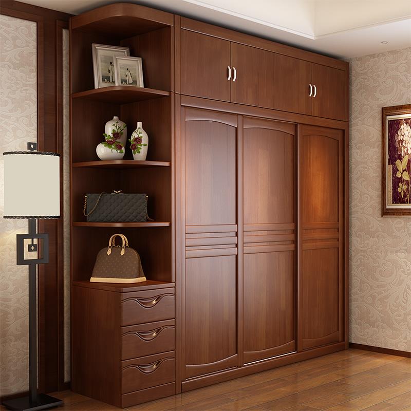 0衣J中式复古实木YXD柜原橡木整组合推体拉门柜子卧室家用四门木