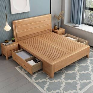 实木1床.2压m1.35单气POL气动高箱储物床侧开全开带人抽屉一1米2