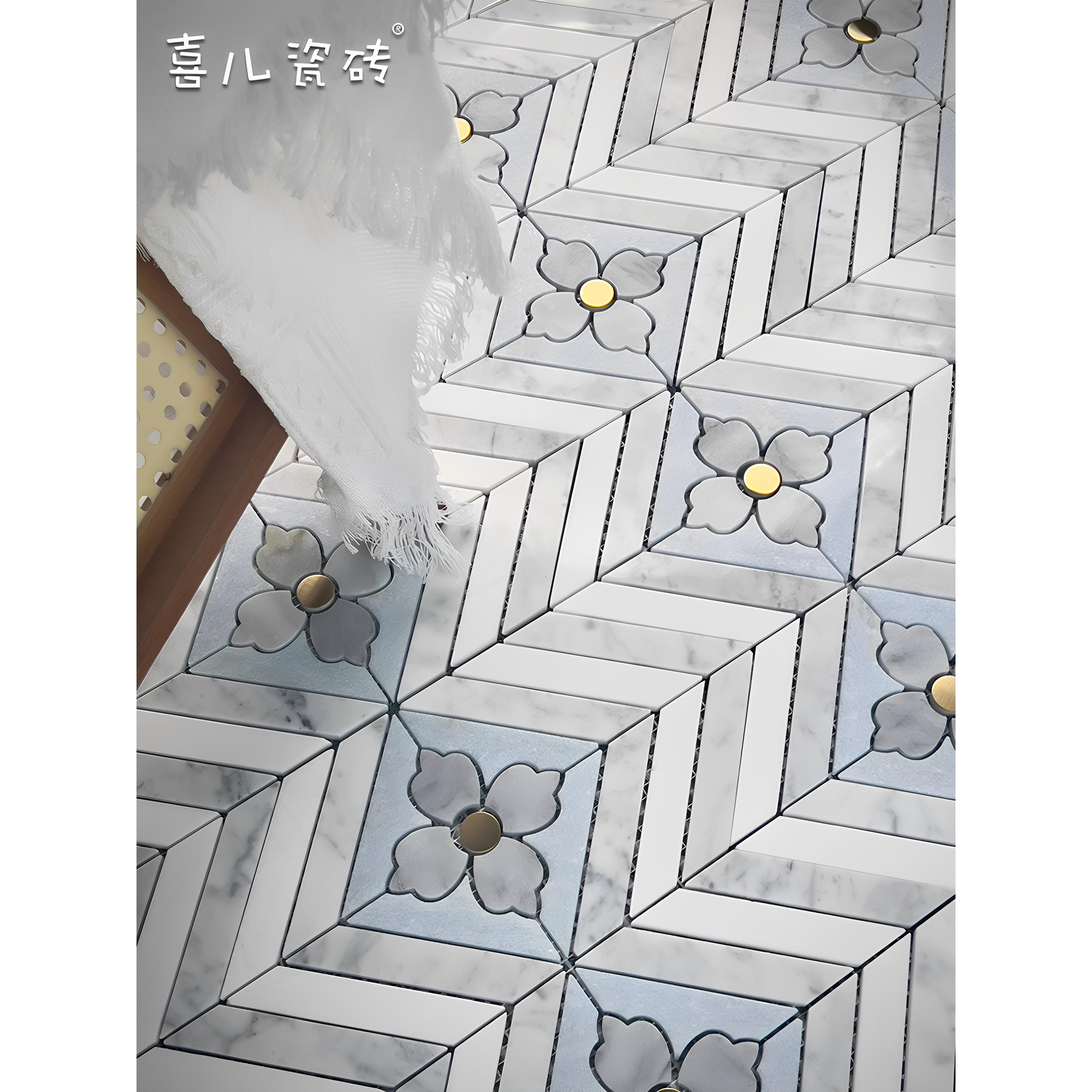会所大堂玄关背景墙瓷砖进口蓝水晶水刀拼花石材马赛克卫生间瓷砖