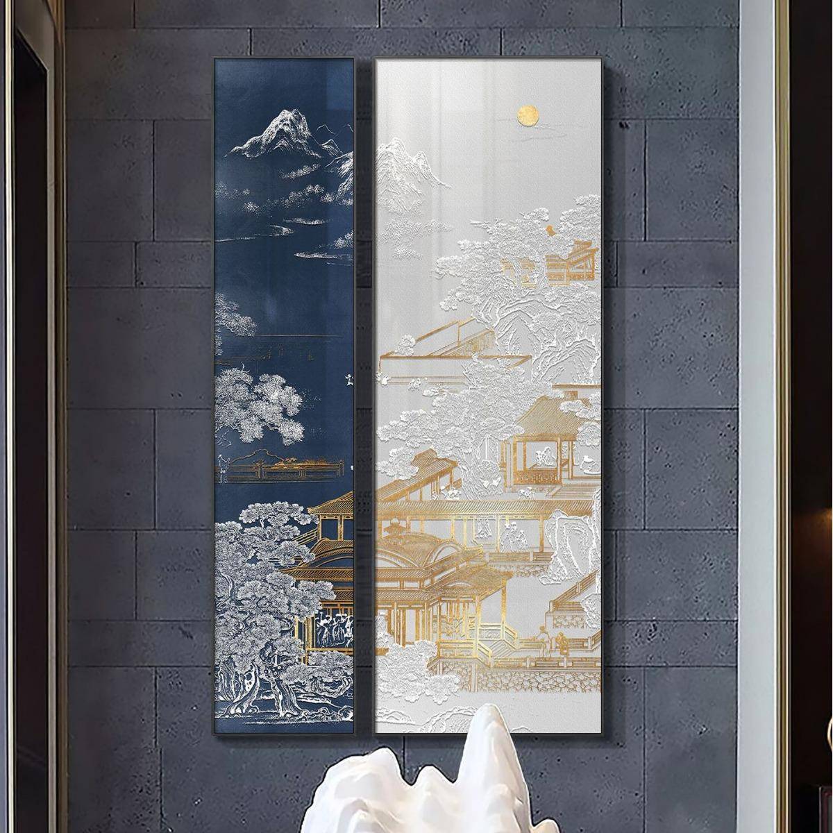 新廊中式入户玄关画装饰山WER水楼阁正图对门大气双联壁画走过道
