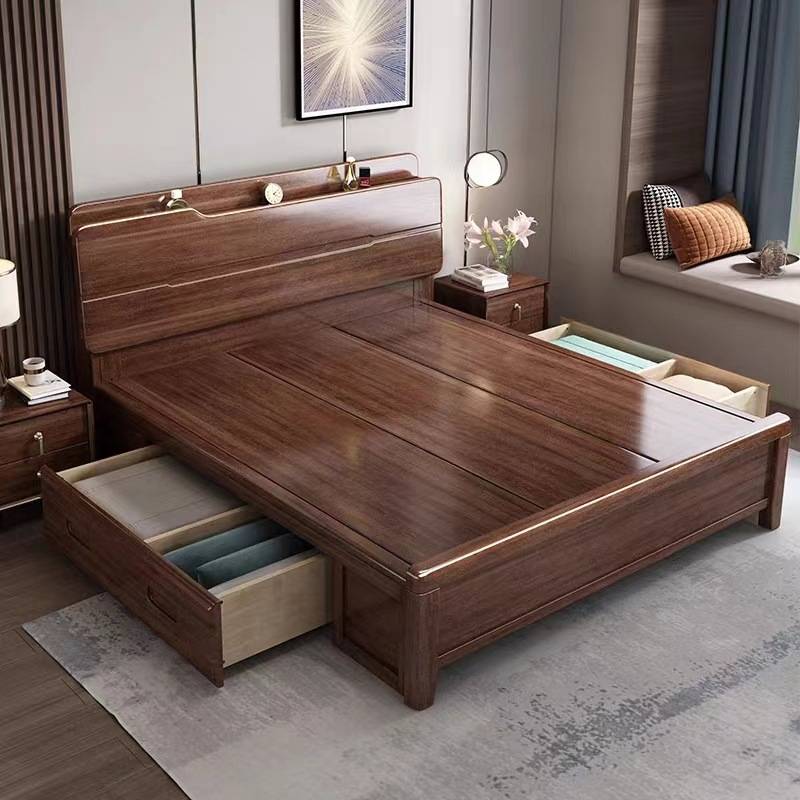胡桃木实木床现代简约2x2.2米大床1.8米双人床1.5m主卧高箱实木床