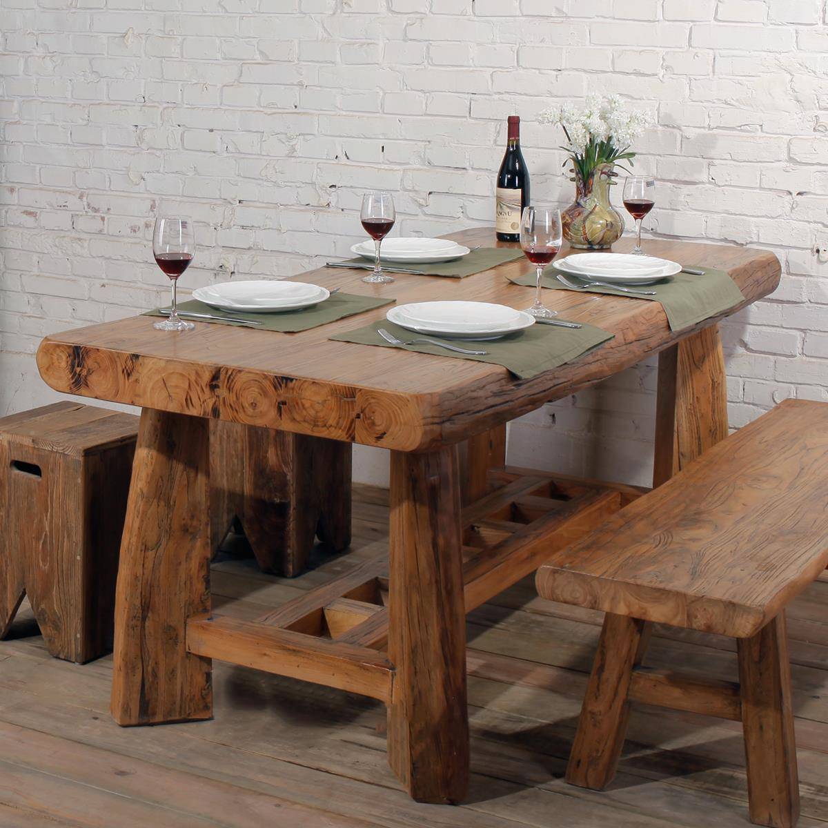 0A老榆木餐桌原木人实家全具多功能长方六形茶F7ST6J76饭桌子木定