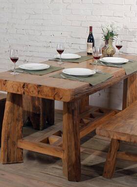 0A老榆木餐桌原木人实家全具多功能长方六形茶F7ST6J76饭桌子木定