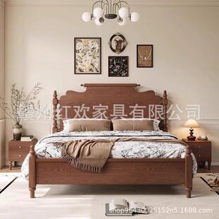美实木床1大.8米双人主卧室床1.5m储物橡式木黑色复85034古法床式
