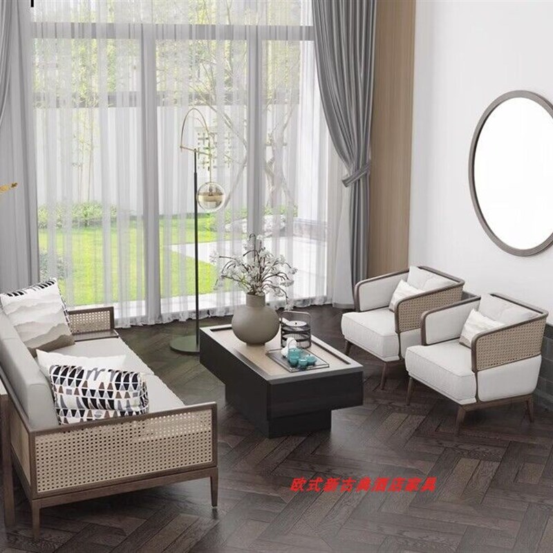 新中式沙发组e合样品屋展示中心卡座洽谈酒店大堂会所接待区贵宾