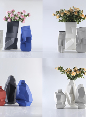 北欧简约立体切面不规则t陶瓷花瓶摆件样板间酒店创意异形几何花