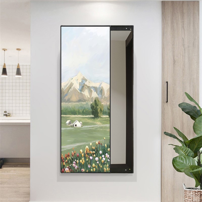 侘寂风镜子全身镜小清新隐u藏式推拉穿衣镜装饰画客厅试衣镜轻奢