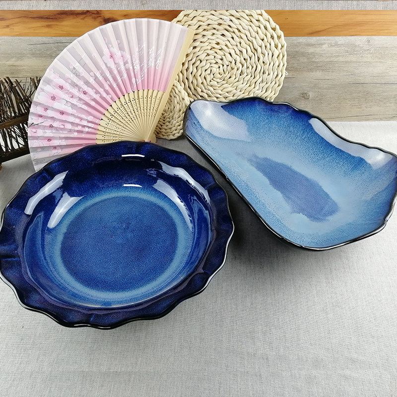 日式荷叶异形f餐具陶瓷碗酒店餐厅家用创意色拉碟复古三文鱼刺身