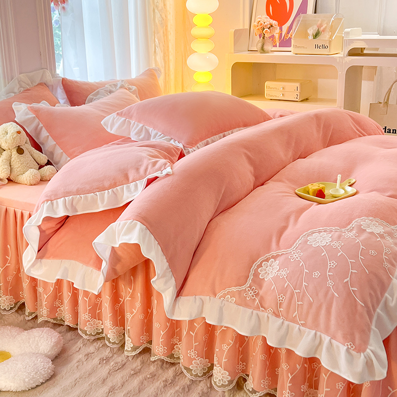 公主风牛奶绒四件套2023新款加厚冬E季床上床单被套床裙款珊瑚绒
