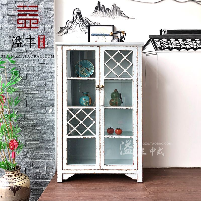 新中式实b木书柜带玻璃门置物柜多功能柜书橱架储物柜客厅玄关碗