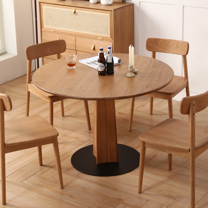 实木圆桌餐桌家用小户型桌子樱桃木日式家M具北欧圆形大饭桌客厅