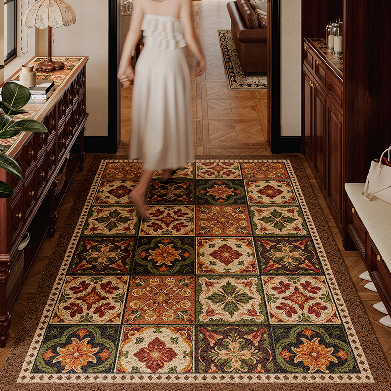 糖仙棕美拉德复古花砖地垫入户门垫E进门丝圈除尘耐脏防滑可定制