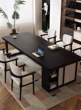 黑色全实木书桌书柜一体学办公EPU桌厅作台大板桌去客化长工条桌