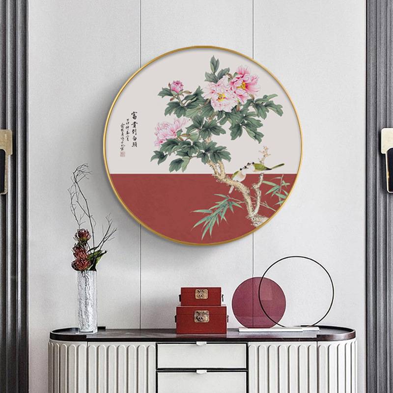 牡丹园 新中式玄关样板房装饰画牡丹国画中国红圆形花鸟客厅壁画图片