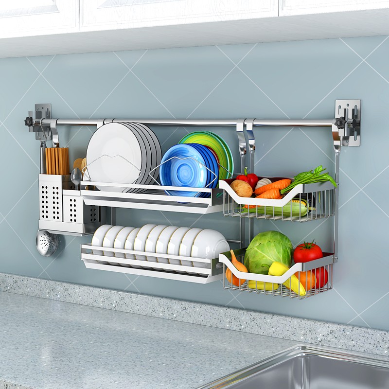 厨房置物架不锈钢壁挂式挂件免打孔沥水碗碟架刀架U锅架挂钩收纳