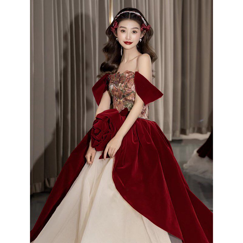 玫瑰骑敬酒服2024新款成人礼礼服小个子新娘一字肩结婚订婚主婚纱